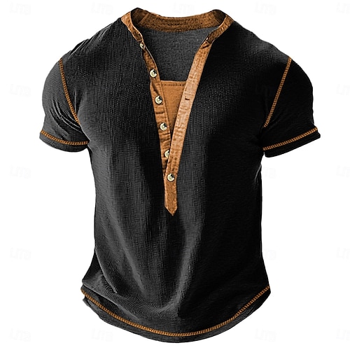  Men's Waffle Henley Shirt Tee Short Sleeve Solid Color Plain Fashion Designer Casual Color Block Buttons Henley Outdoor Casual Daily Summer Spring All Seasons Black Navy Blue Green Henley T-Shirt