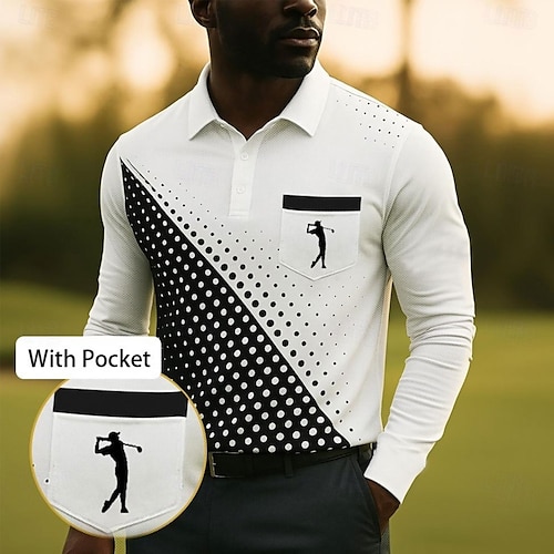  Men's Geometric Golf Sports Polo Shirts Long Sleeve Polo Shirts Collared Shirts Business Casual Business Athleisure Daily Wear Buttons Pocket 3D Print Spring Fall Winter White Red Blue