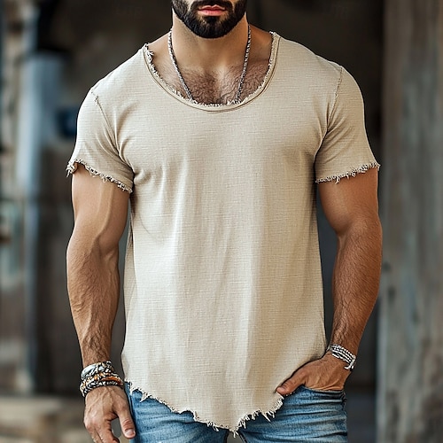  Herren T-Shirt Leinen-T-Shirt Kurzarm Kurze Ärmel Rundhalsausschnitt Sommer Einfach Mode Designer Basic Weich Urlaub Straße Lässig Hellblau Schwarz Weiß Top T-Shirt für Herren