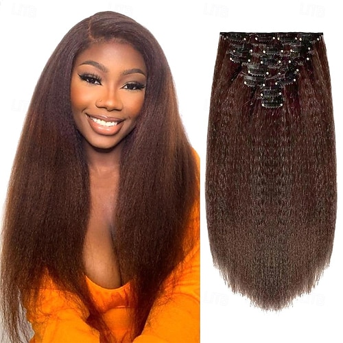 14 Inch Kinky Straight Clip in Hair Extensions Natural Black  display picture 3