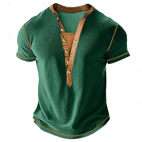  Men's Waffle Henley Shirt Tee Short Sleeve Solid Color Plain Fashion Designer Casual Color Block Buttons Henley Outdoor Casual Daily Summer Spring All Seasons Black Navy Blue Green Henley T-Shirt