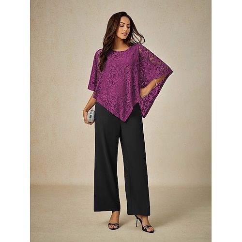  Women's Blouse Dressy Tops Plain Elegant Half Sleeve Crew Neck Regular Tops Wedding Guest Daily Lace Patchwork Layered Purple Summer Spring