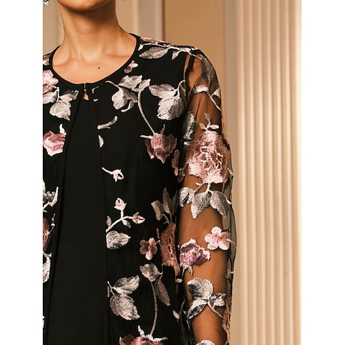  Damen Blazer Atmungsaktiv Spitze Bestickt Elegant Blumen Formell Regulär Rundhalsausschnitt Lässiger Schnitt Langarm Oberbekleidung Schwarz Sommer Frühling