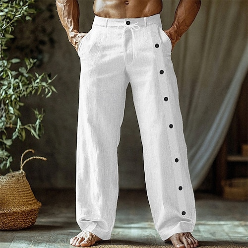  Men's Linen Pants Trousers Summer Pants Beach Pants Pocket Side Button Plain Comfort Breathable Vacation Daily Holiday Hawaiian Boho Black White
