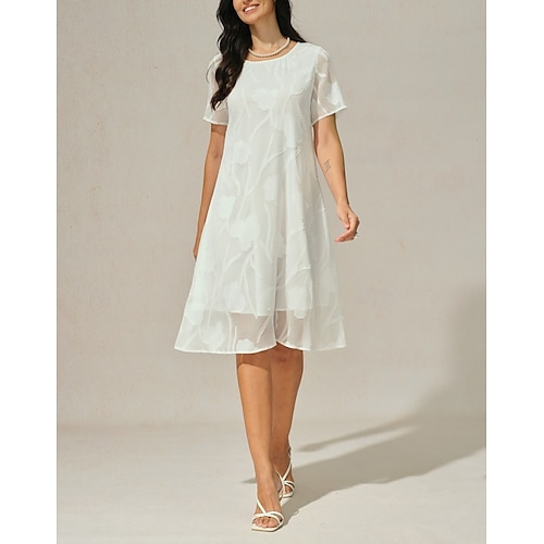  Dame Mini kjole Chiffonkjoler Elegant Fritid Løstsittende Blomstret Kortermet Crew-hals Hvit Sommer
