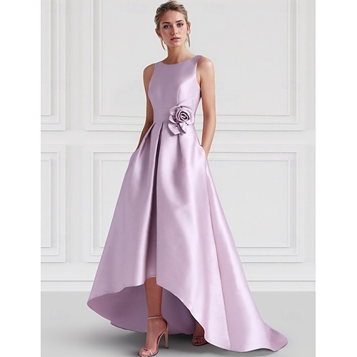 Abiti Cocktail A-Line da Spiaggia Abito Elegante Ospite di Matrimonio Formale Lunghezza A Terra Senza Maniche Collo a Barchetta Abito Rosa Satin con Tasche Abiti