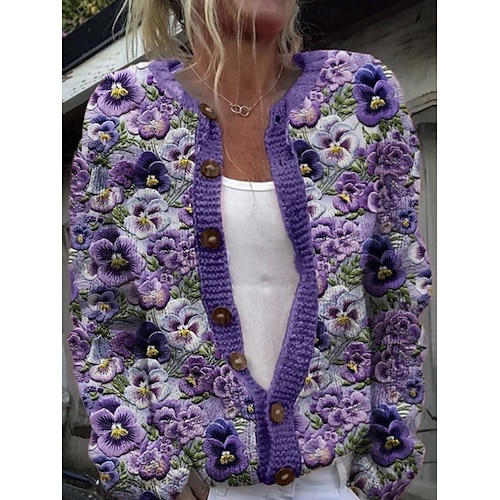 Women's Sweater Cardigan Elegant Vintage Fashion Floral Crew Neck Pocket Knitted Print Long Sleeve Regular Tops Knit Outdoor Daily Weekend Purple Green Fall Winter