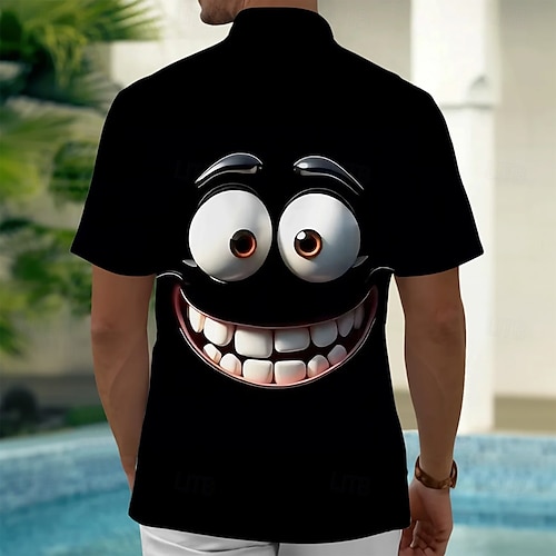  Miesten Piirretty Hauska Hymynaama Paita Kesä paita Button Up paita Lyhythihainen Muoti rento Loma Juhla Pyhäpäivä Kesä Kevät Sänkyjen avaus 3D-tulostus kauluspaidat Edessä yksi tasku Musta
