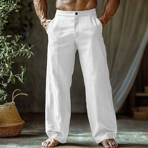  Voor heren Linnen broek Broek Zomerbroek Strandbroeken Knop Zak Recht been Effen Comfort Ademend Vakantie Dagelijks Feestdagen Hawaii Boho Zwart Wit