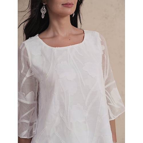  Damen Spitzenbluse Bluse Elegante Oberteile Chiffon Tops Einfarbig Blumen Elegant Stilvoll Basic Dreiviertelarm Glockenärmel U-Boot-Ausschnitt Normale Oberteile Hochzeitsgast Arbeit Täglich