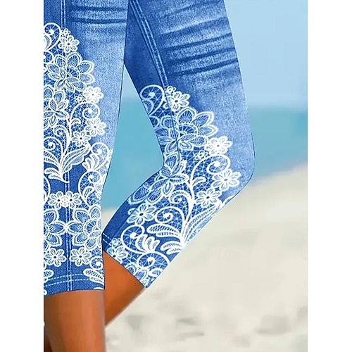  Women's Capri Pants Leggings Vacation Vintage Ethnic Style Calf-Length High Waist Floral Graphic 3D Print Soft Comfortable Breathable Inelastic Vacation Street Causal White-Blue Light Blue Summer