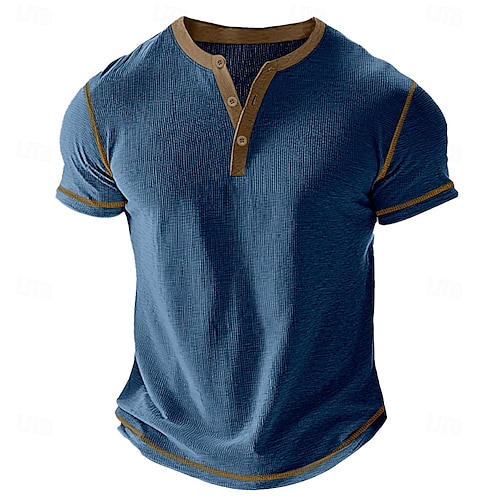  Men's Waffle Henley Shirt Tee Short Sleeve Solid Color Buttons Henley Outdoor Casual Daily Summer Black White Yellow Henley T-Shirt