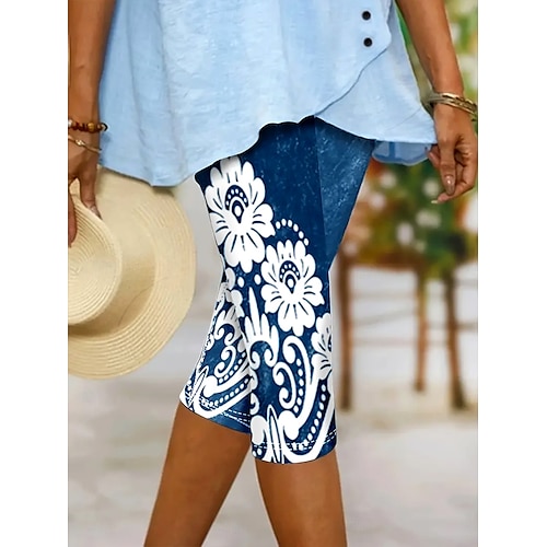  Women's Capri Pants Leggings Vacation Vintage Ethnic Style Calf-Length High Waist Floral Graphic 3D Print Soft Comfortable Breathable Inelastic Vacation Street Causal White-Blue Light Blue Summer