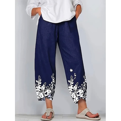  Dames Chinese Wijde broek Vakantie Vintage Etnische stijl Enkellengte Hoge taille Bloemig Grafisch Verloop Lapwerk Trekkoord Opdrukken Ademend Micro-elastisch Vakantie Straat Causaal Diep Blauw Zomer