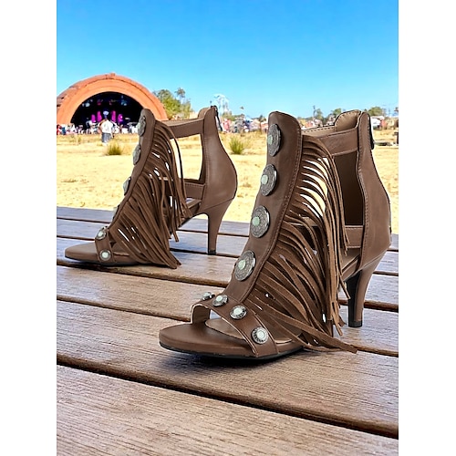  Women's Brown Fringe Peep Toe Heeled Sandals with Concho Studs – Western Boho Festival Boots for Country Concerts, Rodeo Events, and Summer Outfits