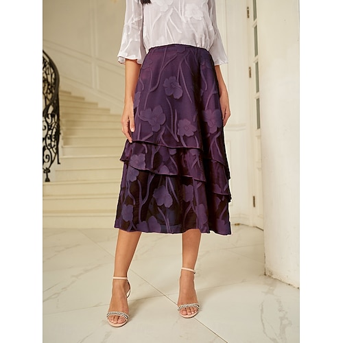  Damen Rock Elegant Midi Mittlere Taille Röcke Blumenmuster Geschichtet Unelastisch Party Lässig Aubergine Sommer Chiffon