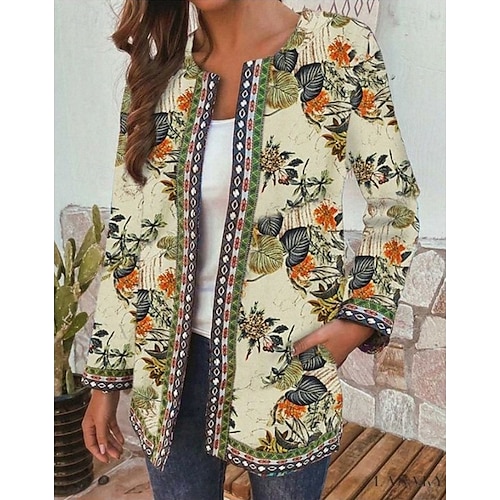  Femmes Blazer Travail Imprimé Fleuri Respirant Élégant Coupe régulière Vêtements d'extérieur manche longue Automne Jaune S