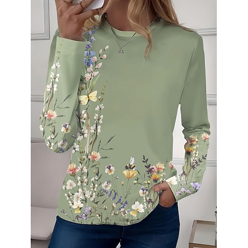 Maglietta da donna a maniche lunghe con scollatura a girocollo tunica floreale casual t-shirt regolare stampa quotidiana verde salvia rosa blu azzurro viola primavera autunno