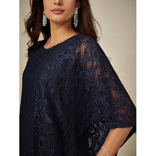  Women's Blouse Dressy Tops Plain Elegant Half Sleeve Crew Neck Regular Tops Wedding Guest Daily Lace Patchwork Layered Navy Blue Summer Spring