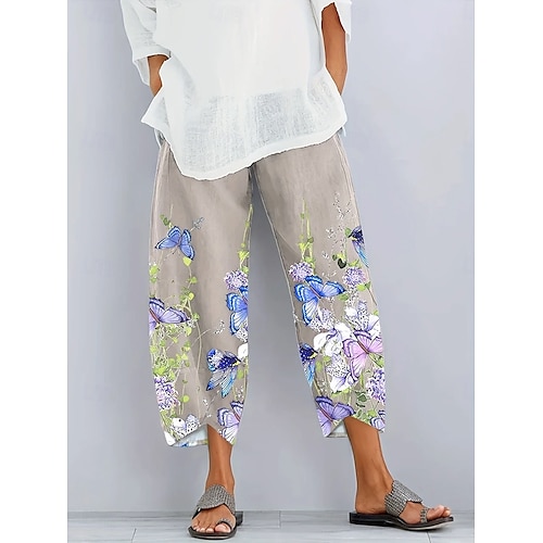  Dames Chinese Wijde broek Vakantie Vintage Etnische stijl Volledige lengte Hoge taille Bloemig Grafisch Vlinder Lapwerk Trekkoord Opdrukken Ademend Micro-elastisch Vakantie Straat Causaal Grijs Groen