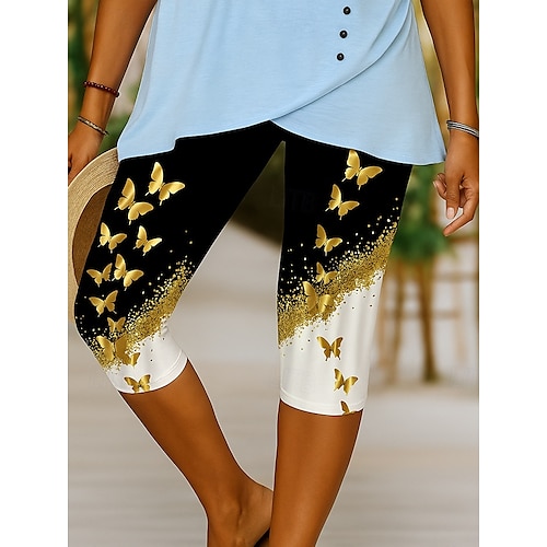  Women's Leggings Elegant Vacation Fashion Capris High Waist Graphic Butterfly Glitter Shine Stretchy Outdoor Vacation Causal Yellow Pink Blue Summer Spring Skinny