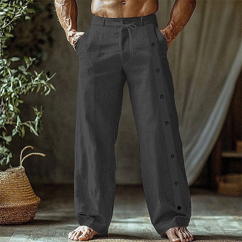  Men's Linen Pants Trousers Summer Pants Beach Pants Pocket Side Button Plain Comfort Breathable Vacation Daily Holiday Hawaiian Boho Black White