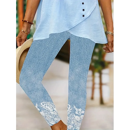  Women's Leggings Vacation Vintage Fashion Ankle-Length High Waist Floral Graphic Gradient Printing Breathable Soft Stretchy Vacation Casual Daily Light Blue Summer Spring Slim Fit