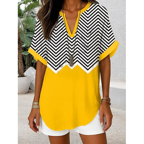  Damen Boho-Hemd Grafik Geometrisch Elegant Bohemien Tropisch Ärmellos Kurzarm V Ausschnitt Normale Oberteile Täglich Ferien Strandbekleidung Gelb Rote Blau Orange Braun Sommer Frühling