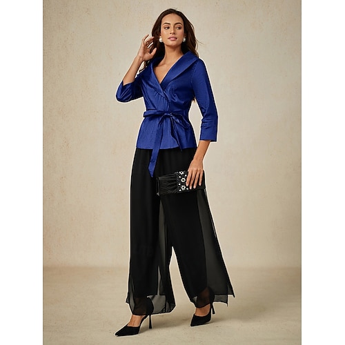  Dame Bluse Kveldstopper Elegant metallic Stilfull 3/4 ermer V-hals Vanlige topper Bryllupsgjest Aftenselskap Semi-formelt knyte foran Marineblå Vår, Høst, Vinter, Sommer