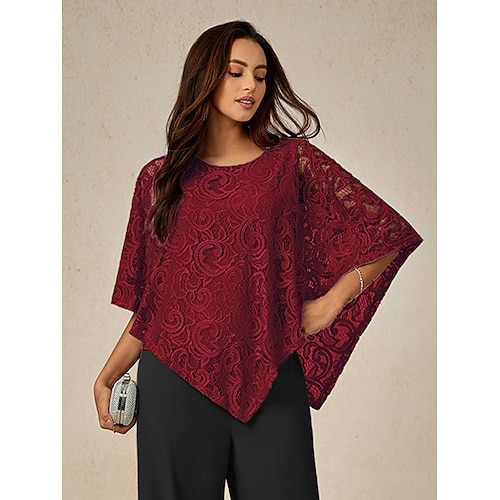  Women's Blouse Dressy Tops Plain Elegant Half Sleeve Crew Neck Regular Tops Wedding Guest Daily Lace Patchwork Layered Wine Summer Spring