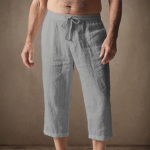  Men's Capri Pants Linen Shorts Summer Shorts Beach Shorts Pocket Elastic Waist Drawstring Plain Comfort Breathable Calf-Length Vacation Holiday Beach Hawaiian Boho Black White