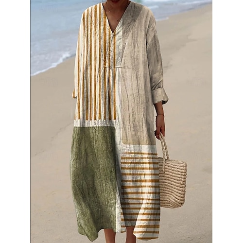  Robe mi-longue femme à col en V manches longues caftan léger coupe ample robe évasée décontractée boho sortie graphique géométrique à rayures manches longues col en V rouge orange noir jaune rose