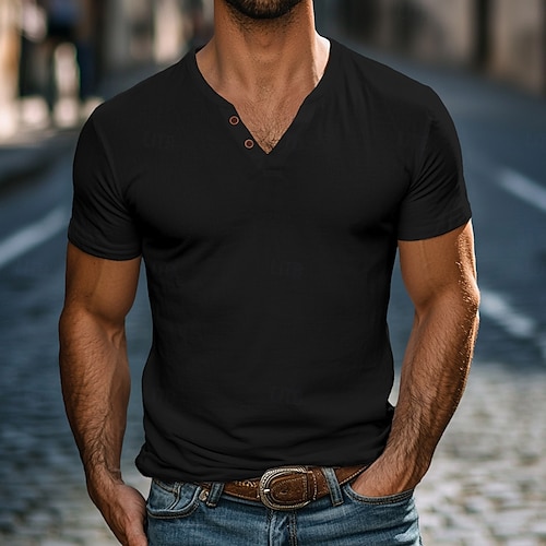  Homme Chemise Henley T-shirt Manches courtes Uni Mode Designer Basique Boutons Col en V Henley Vacances Rue Occasionnel Été Noir Blanche bleu marine T-shirt Henley