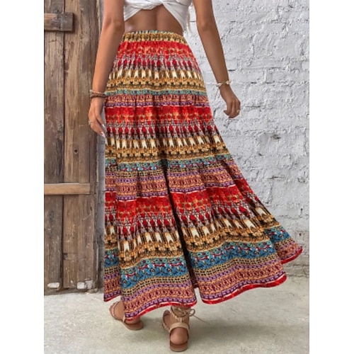 Damen Rock A-Linie Bohemien Vintage Lässig Maxi Hohe Taille Röcke Blumen Druck Mikroelastisch Urlaub Straße Gelb Rote Sommer Polyester