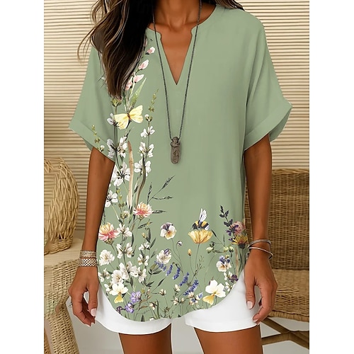  Femmes Chemise Bohème Fleuri Graphique Élégant Bohème Tropical Manche Courte Col en V Hauts Réguliers Quotidien Fête Tenue de plage Bleu Violet Vert Été Printemps