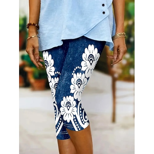  Women's Capri Pants Leggings Vacation Vintage Ethnic Style Calf-Length High Waist Floral Graphic 3D Print Soft Comfortable Breathable Inelastic Vacation Street Causal White-Blue Light Blue Summer