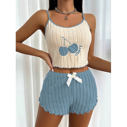  Dames Pyjamaset Casual Comfortabel Kersen Elastische taille Strap Top Korte broek Huis Dagelijks Mouwloos hihnat Geel Blozend Roze blauw Paars Zomer Normale pasvorm