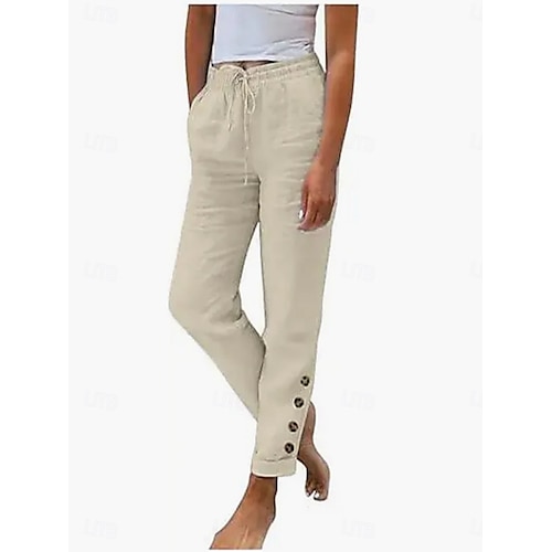 Femmes Pantalon en coton et lin Chinos Vacances ancien Mode Longueur complète Taille haute Uni Avec Poches Ceinture Élastique Confortable Doux Micro-Élastique Extérieur Rue Noir Blanche Vert clair