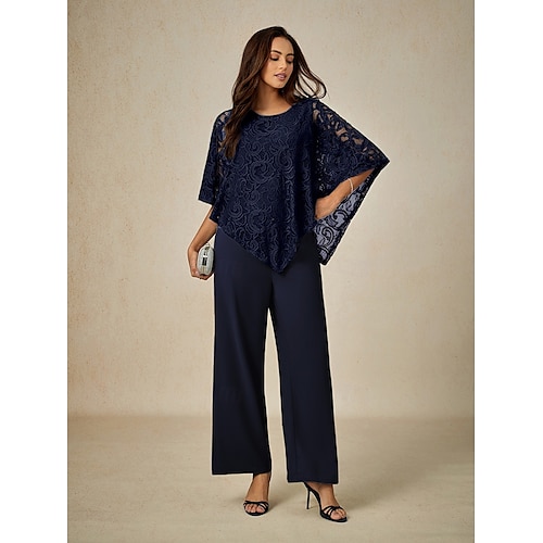  Women's Blouse Dressy Tops Plain Elegant Half Sleeve Crew Neck Regular Tops Wedding Guest Daily Lace Patchwork Layered Navy Blue Summer Spring