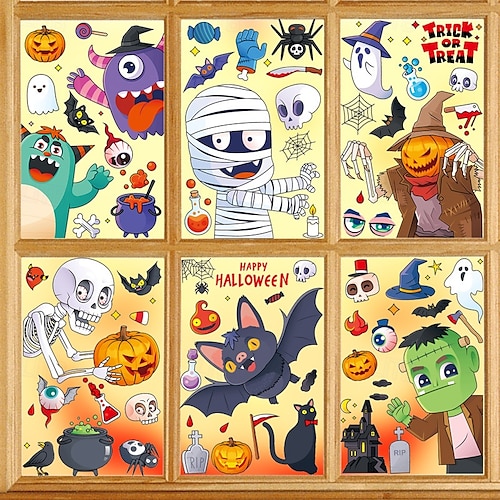 6 listů halloweenských samolepek na okna, dekorace s oboustrannými obtisky, roztomilá kreslená čarodějnice, netopýr, dýňová lebka, statické samolepky na sklo a halloweenskou párty dekoraci oken