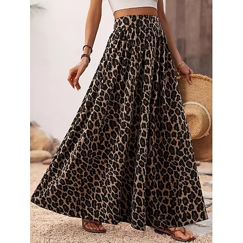  Dame الالتفاف A-linje Mote Fritid Maksi Høy Midje Skjørt Leopard Trykt mønster Mikroelastisk Gate Daglig Leopard Sommer Polyester
