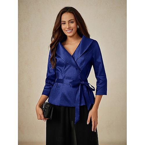  Dame Bluse Kveldstopper Elegant metallic Stilfull 3/4 ermer V-hals Vanlige topper Bryllupsgjest Aftenselskap Semi-formelt knyte foran Marineblå Vår, Høst, Vinter, Sommer