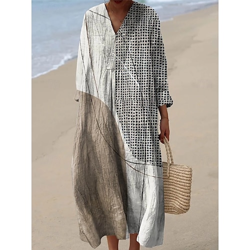 Ženské midi šaty V výstřih dlouhý rukáv kaftan lehké volné střih A-line šaty neformální boho na výlet volné střih grafické geometrické pruhované dlouhý rukáv V výstřih popel šedá žlutá modrá