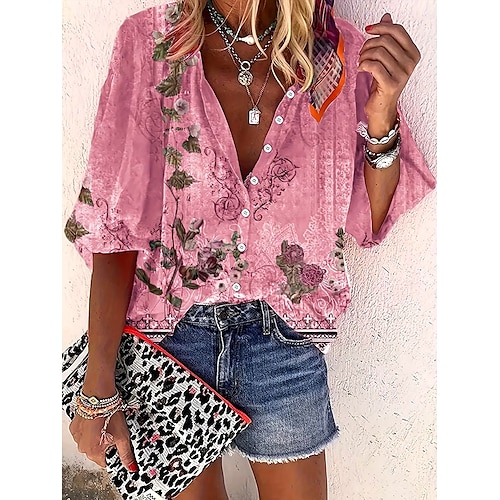  Women's Summer Tops Floral Graphic Bohemia Vintage Daily 3/4 Length Sleeve V Neck Regular Tops Daily Holiday Beach Wear Print Light Green Pink Rose Pink Summer Spring Fall