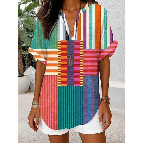  Damen Boho-Hemd Grafik Geometrisch Elegant Bohemien Tropisch Ärmellos Kurzarm V Ausschnitt Normale Oberteile Täglich Ferien Strandbekleidung Gelb Rote Blau Orange Braun Sommer Frühling