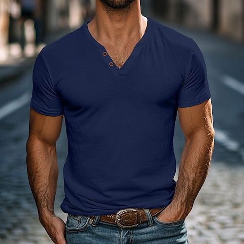  Homme Chemise Henley T-shirt Manches courtes Uni Mode Designer Basique Boutons Col en V Henley Vacances Rue Occasionnel Été Noir Blanche bleu marine T-shirt Henley