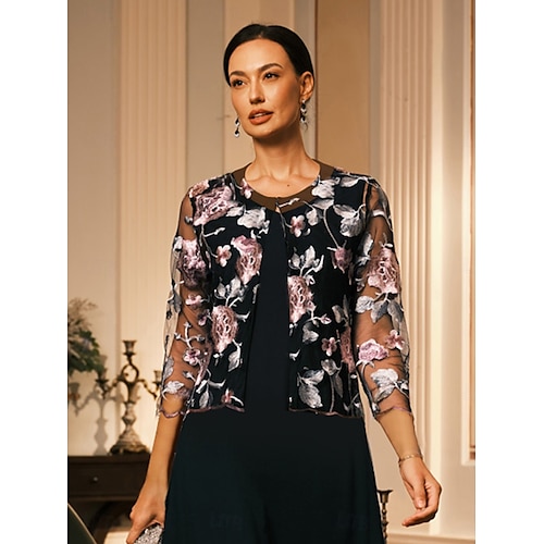  Femmes Blazer Léger Dentelle Broderie Élégant Fleuri Formel Court Col Rond Coupe Ample Manche 3/4 Vêtements d'extérieur Noir Été Printemps