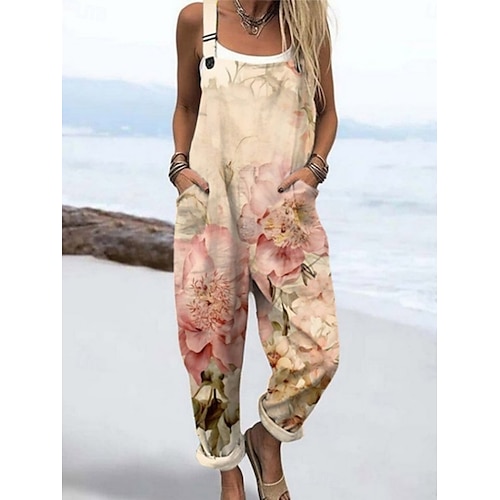  Femmes Normal Combinaison Actif Fleuri Sans manches Col rond Avec Poches Imprimé Vacances Quotidien Coupe régulière Jaune Rose Claire Rouge Été