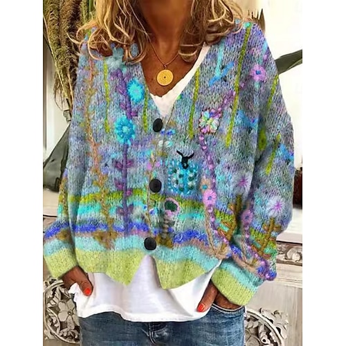  Pentru femei Pulover Bluza Modă Șic Stradă Casual Floral În V Nasturi Tricotat Manșon Lung Topuri obișnuite Tricotat În aer liber Zilnic Sfârșit de săptămână Roșu-aprins Albastru piscină Toamnă Iarnă
