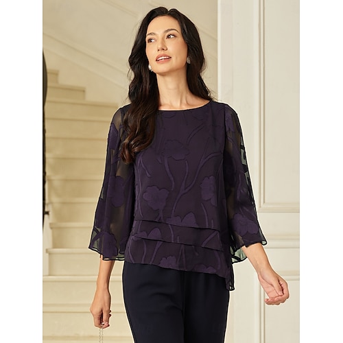  Dames Kanten overhemd Blouse Geklede topjes Chiffon-topjes Effen Kleur Bloemig Elegant Stijlvol Halve mouw Flutter mouw Boothals Normale tops Bruiloft gast Werk Dagelijks Asymetrische zoom Aubergine